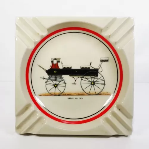 Break No 363 open top carriage vintage square ceramic ashtray featuring three diagonal cigarette rests in each corner: Top