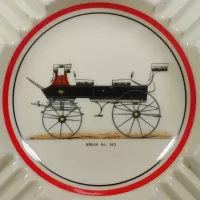 Break No 363 open top carriage vintage square ceramic ashtray featuring three diagonal cigarette rests in each corner: Closeup - Click to enlarge