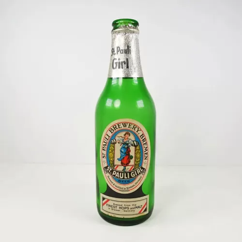 St. Pauli Girl Vintage German Green Glass Beer Bottle: Front