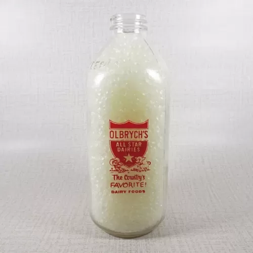 Olbrych's Dairy Vintage ACL Glass Quart Milk Bottle: Front