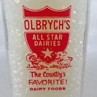 Olbrych's Dairy Vintage ACL Glass Quart Milk Bottle: Graphics Closeup - Click to enlarge