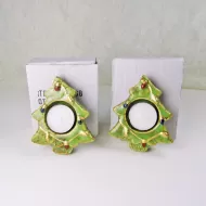 Two Christmas Tree Ceramic Tealight Candle Holders: With Box