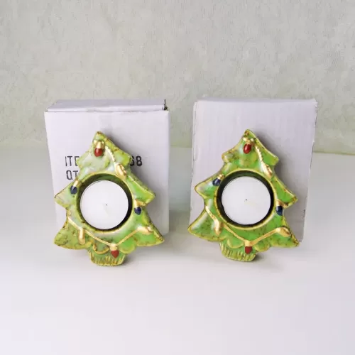 Two Christmas Tree Ceramic Tealight Candle Holders: With Box