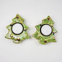 Two Christmas Tree Ceramic Tealight Candle Holders: With Candles - Click to enlarge