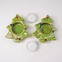 Two Christmas Tree Ceramic Tealight Candle Holders: No Candles - Click to enlarge