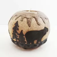 Bears in the Woods Round Ceramic Tealight Candle Holder: Front - Click to enlarge