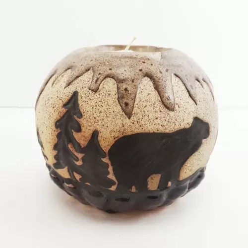 Bears in the Woods Round Ceramic Tealight Candle Holder: Front