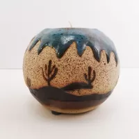 Cowboys on Horseback Round Ceramic Tealight Candle Holder: Side - Click to enlarge
