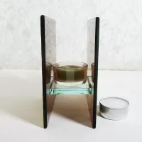 Brown Glass Lime Accents Square Tealight Candle Holder: With Candle - Click to enlarge