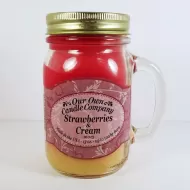 Strawberries and cream scented candle in large glass mug with handle: Front
