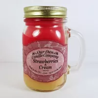 Strawberries and cream scented candle in large glass mug with handle: Front - Click to enlarge
