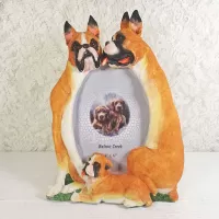 Boxer dogs and puppy polyresin figurine photo frame holds one 4x6 picture: Front - Click to enlarge