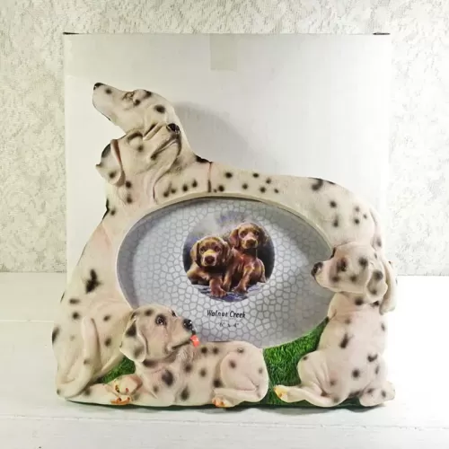 Dalmatian dogs and puppies polyresin figurine photo frame holds one 6x4 picture: With Box