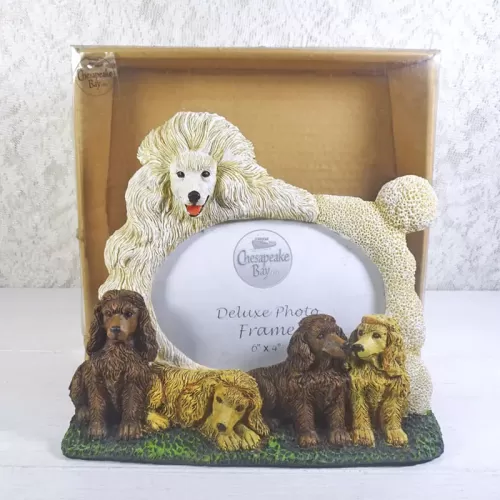 Poodle dog and puppies polyresin figurine photo frame holds one 6x4 picture: With Box