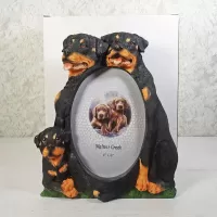 Rottweiler dogs and puppy polyresin figurine photo frame holds one 4x6 picture: With Box