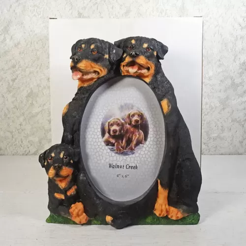 Rottweiler dogs and puppy polyresin figurine photo frame holds one 4x6 picture: With Box
