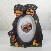 Rottweiler dogs and puppy polyresin figurine photo frame holds one 4x6 picture: Front - Click to enlarge
