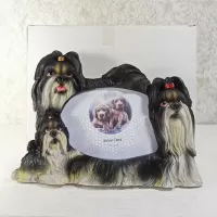 Shih Tzu dogs and puppy polyresin figurine photo frame holds one 6x4 picture: With Box