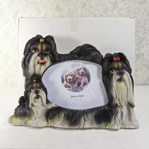 Shih Tzu dogs and puppy polyresin figurine photo frame holds one 6x4 picture: With Box