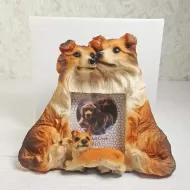Collie dogs and puppy polyresin figurine photo frame holds one 2x3 picture: With Box