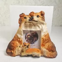 Collie dogs and puppy polyresin figurine photo frame holds one 2x3 picture: With Box