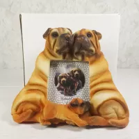 Shar Pei dogs and puppy polyresin figurine photo frame holds one 2x3 picture: With Box - Click to enlarge