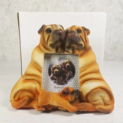 Shar Pei dogs and puppy polyresin figurine photo frame holds one 2x3 picture: With Box