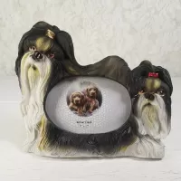 Shih Tzu dog and puppy polyresin figurine photo frame holds one 3x2 picture: Front - Click to enlarge