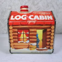 1987 Log Cabin Syrup 100th Anniversary Vintage Metal Tin: Front - Click to enlarge