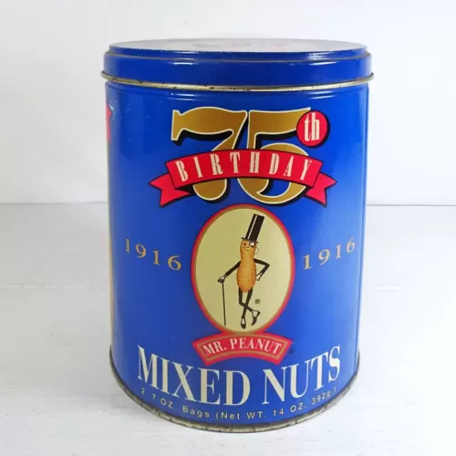 1991 Planters Mr. Peanut 75th Birthday Metal Canister: Front