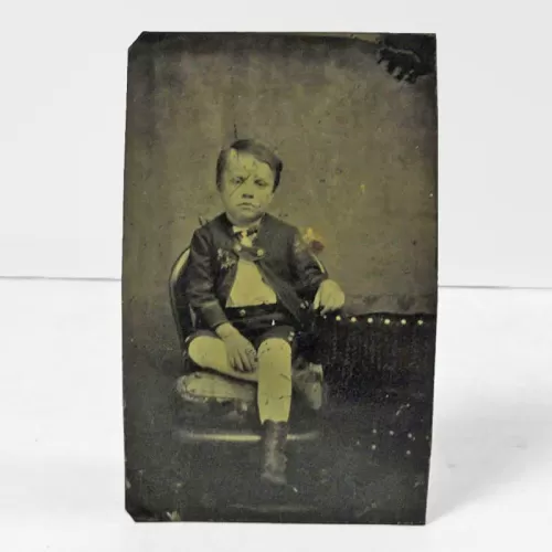 Antique Tintype Photo Bored Boy with Blank Stare: Front