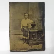 Antique Tintype Photo Sad Boy Leaning on a Short Pillar: Front