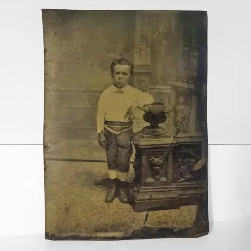 Antique Tintype Photo Sad Boy Leaning on a Short Pillar: Front