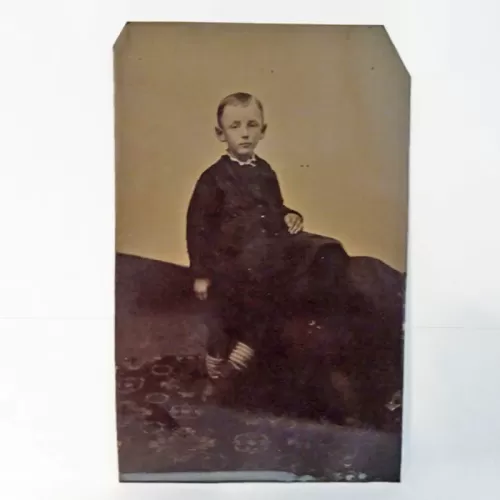 Antique Tintype Photo Boy Wearing Striped Socks: Front
