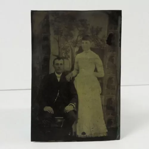 Antique Tintype Photo Man and Woman in White Dress: Front