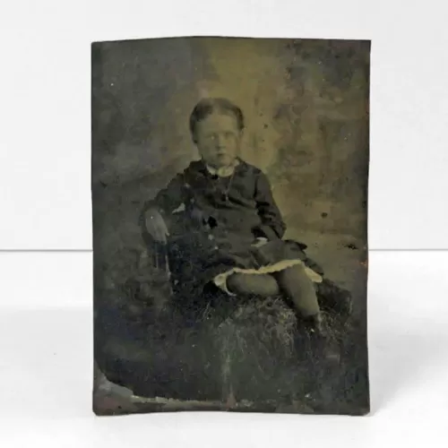 Antique Tintype Photo Little Girl Leaning Back in Chair: Front