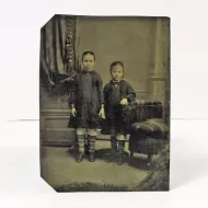 Antique Tintype Photo Two Girls Standing Holding Hands: Front