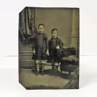 Antique Tintype Photo Two Girls Standing Holding Hands: Front - Click to enlarge