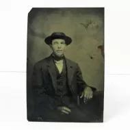 Antique Tintype Photo Sitting Man Flat Hat Pinkie Ring: Front