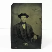 Antique Tintype Photo Sitting Man Flat Hat Pinkie Ring: Front - Click to enlarge