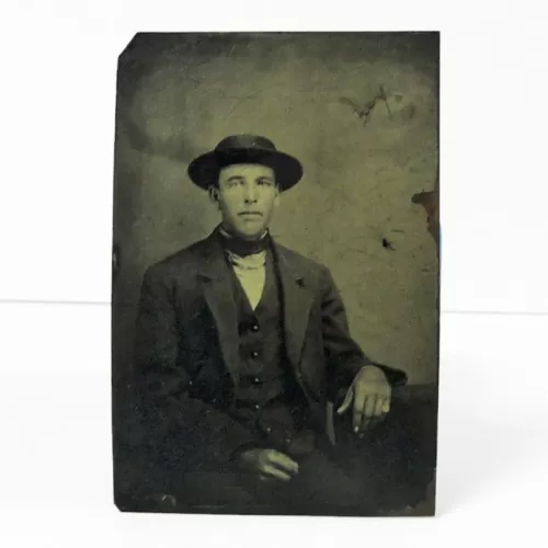 Antique Tintype Photo Sitting Man Flat Hat Pinkie Ring: Front