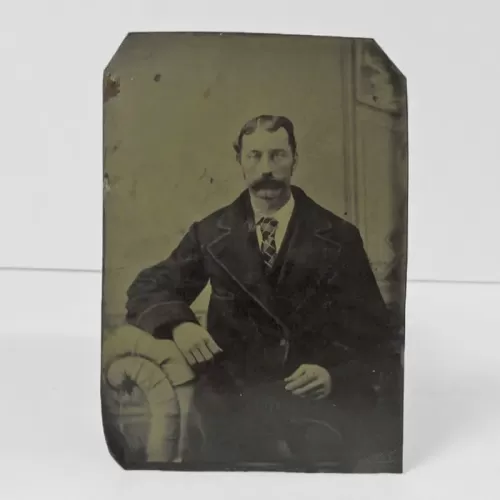 Antique Tintype Photo Man with a Caterpillar Mustache: Front