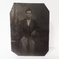 Antique Tintype Photo Man Sitting Fingers Spread Apart: Front