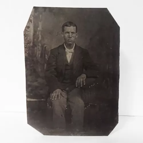 Antique Tintype Photo Man Sitting Fingers Spread Apart: Front