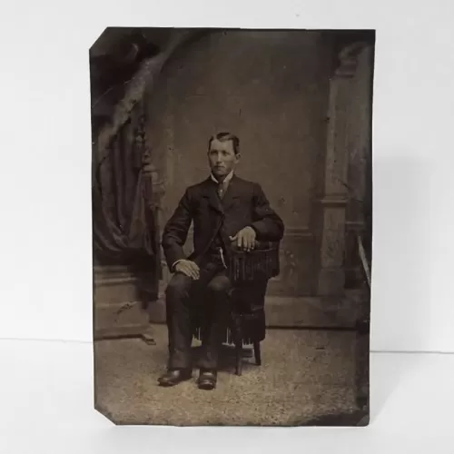 Antique Tintype Photo Man Sitting on a One Armed Chair: Front