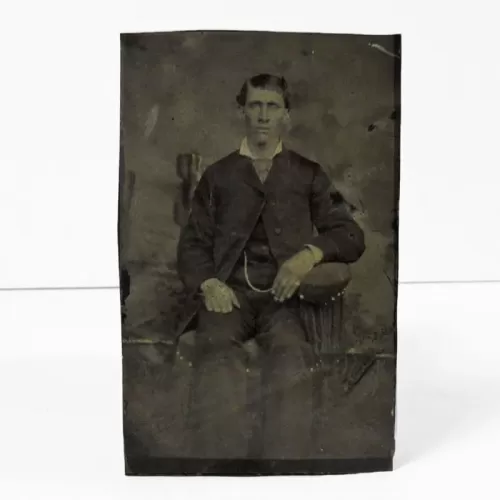 Antique Tintype Photo Man Wearing a Watch Chain: Front