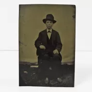 Antique Tintype Photo Sitting Man Wearing a Big Hat: Front