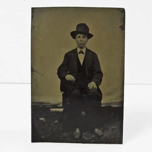Antique Tintype Photo Sitting Man Wearing a Big Hat: Front