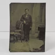 Antique Tintype Photo Man Standing Arm on Chair Back: Front