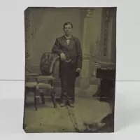 Antique Tintype Photo Man Standing Arm on Chair Back: Front - Click to enlarge